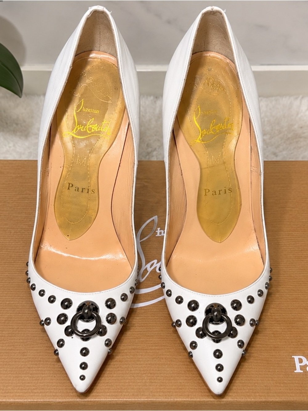 Christian Louboutin White Studded Pointed Toe Pumps with Gunmetal Ring Detail